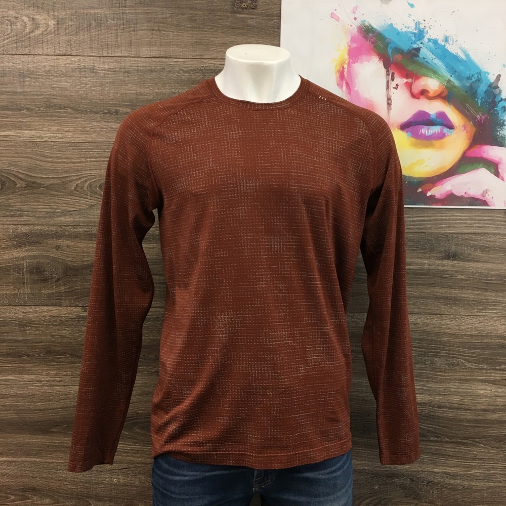 Lululemon Metal‎ Vent Tech Long Sleeve Shirt Mens XL Rust Orange Grid Pattern